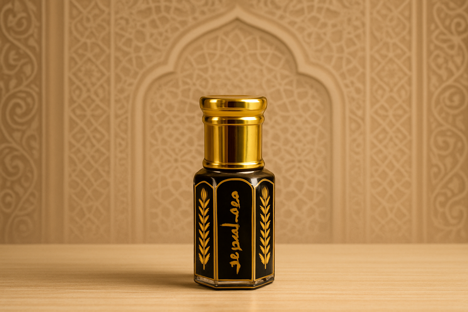 Black Oud Perfume Bottle with Islamic Background