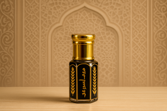 Black Oud Perfume Bottle with Islamic Background