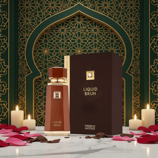 Liquid Brun perfume bottle and box in Islamic setting