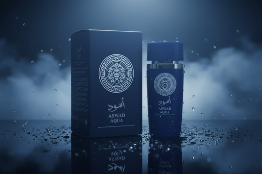 Aswad Aqua perfume bottle and box in navy blue with silver lion medallion