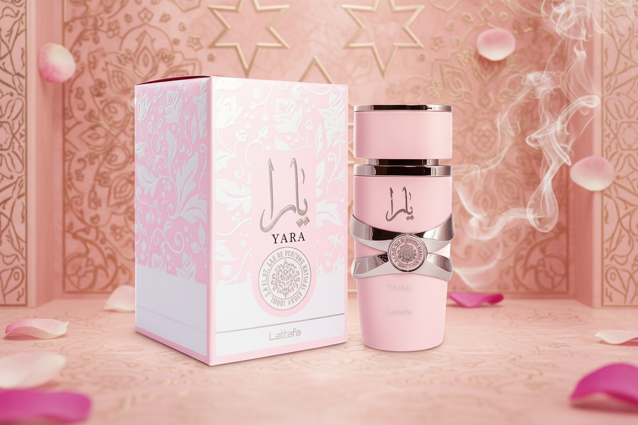 Yara by Lattafa perfume with Arabic floral background