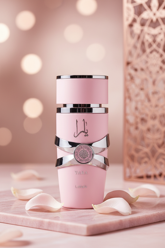 Yara by Lattafa single bottle close-up with rose petals