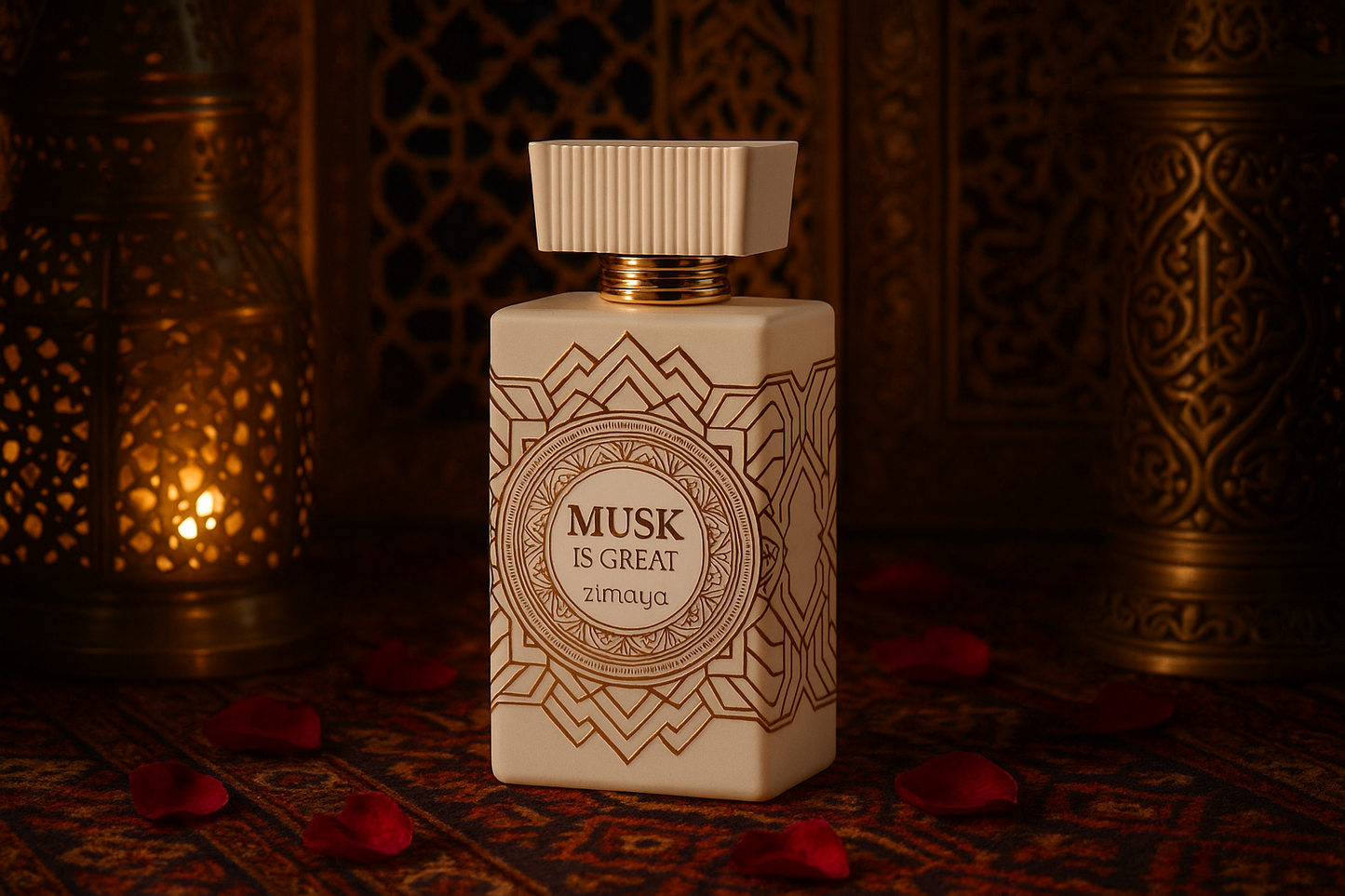 Zimaya Musk Is Great perfume bottle in authentic Arabic setting