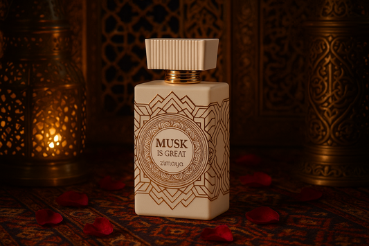 Zimaya Musk Is Great perfume bottle in authentic Arabic setting